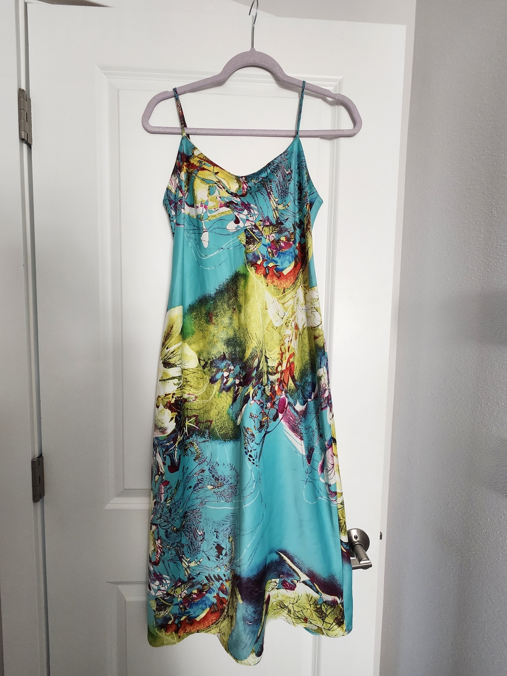 Natori Aqua Slip Dress with Floral Multicolor Trim